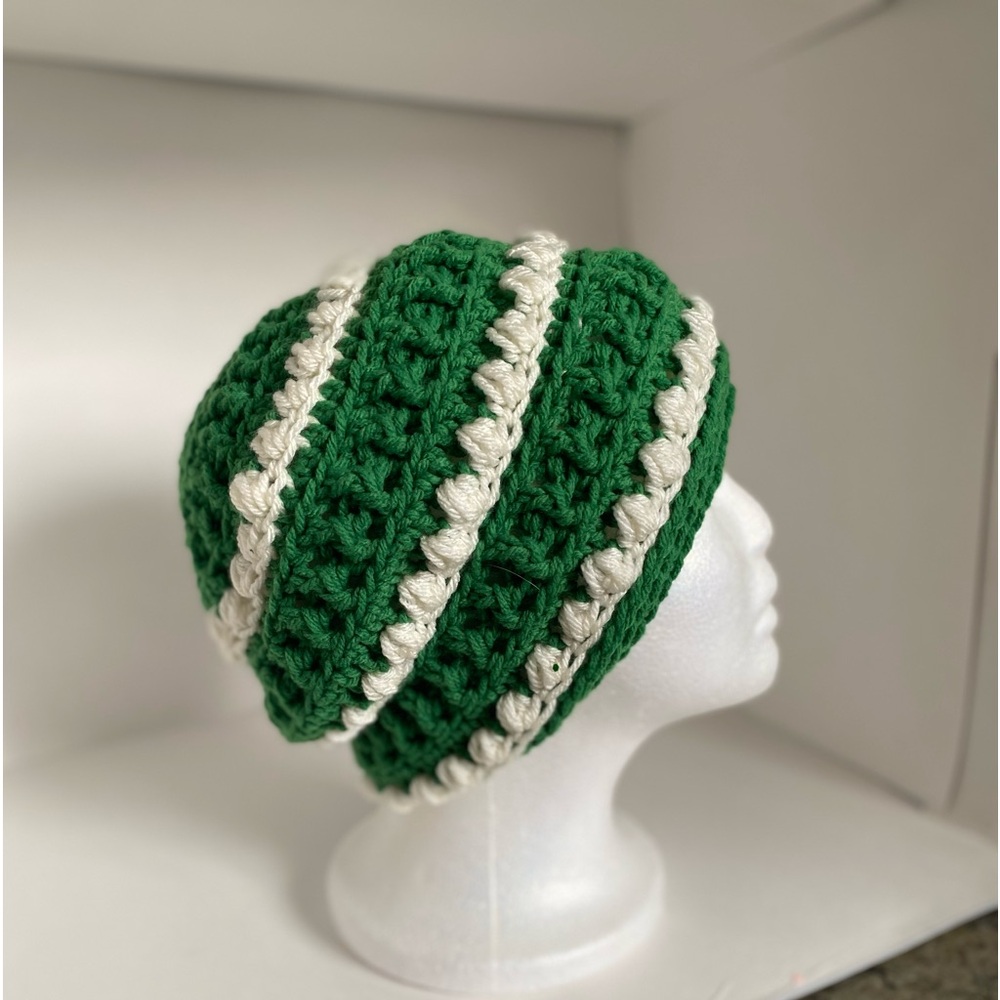 Hand made, crocheted green and white beanie, slouchy hat - Picture 3 of 7